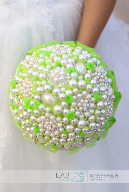 8 дюймов пользовательские зеленый и белый жемчуг кристалл брошь букет невесты невесты ювелирных изделий пряжи лента букет невесты букеты