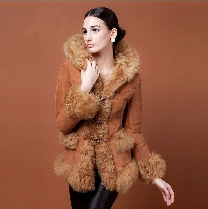 2014 Genuine Shearling Lamb Fur Liner Leather Coat Women Double faced Fur & Suede Jacket With