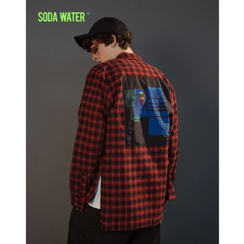 

SODA WATER Plaid Long Sleeve Casual Shirts Mens Hip Hop Casual Shirts Fashion Streetwear Trendy Brand Clothing 8713W