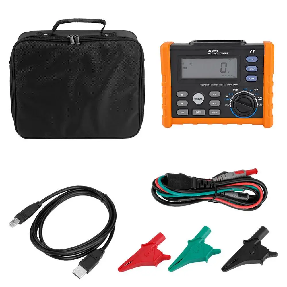PEAKMETER MS5910 Digital Resistance Meter RCD Loop Tester Multimeter With Crocodile clips USB Cable |