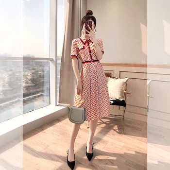 

2019 Dress Sexy Fashion Plaid Button Short Vintage Beading Print Women Turn-Down Collar Night Club Body con Dresses Wholesale