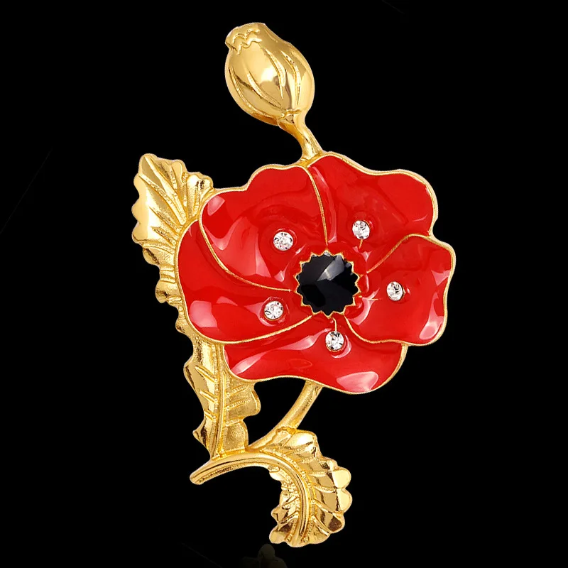 Mdiger Women Brooches Pin Red Crystal Enamel Poppy Flower Brooch with
