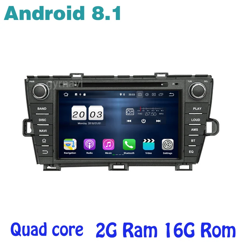 Android 8.1 Quad core Car DVD gps Stereo for toyota prius with 2g ram wifi 4G bluetooth usb mirror link