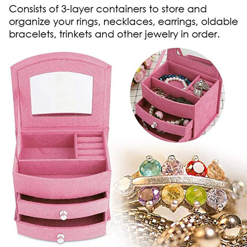 Коробка для украшений, органайзер, 3 слоя, переносная коробка для украшений, сережек, колец, браслетов, ожерелья, органайзер для хранения с зеркалом