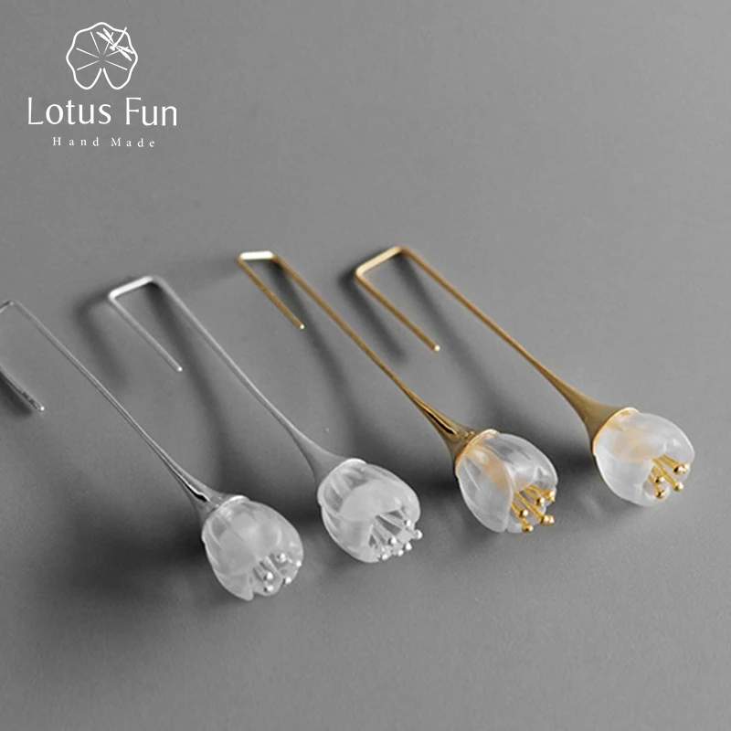 Lotus Fun Real 925 Sterling Silver Natural Crystal Handmade Designer Fine Jewelry Delicate Fresh Flower Drop Earrings for Women