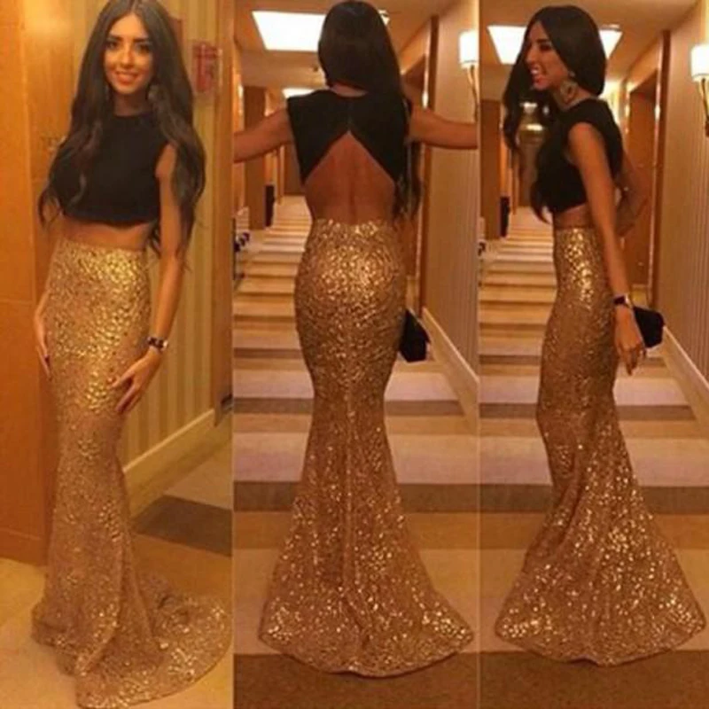 Sparkly Mermaid Prom Gowns 2017 New Fashion Two Pieces Backless Black and Gold Sequined Prom Dresses Party Evening Dresses