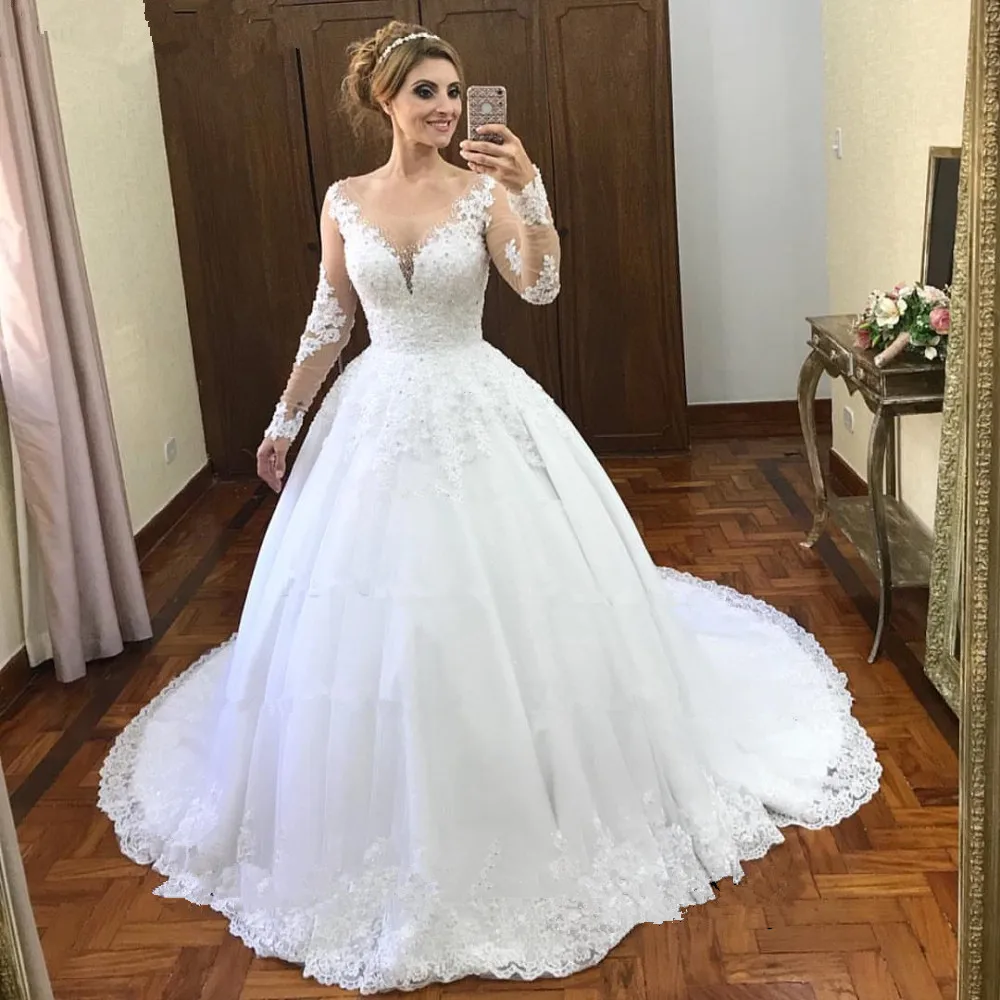 Vestido de noiva Иллюзия бальное платье Свадебные платья с длинным рукавом свадебное платье кружевное с аппликацией из бусин Robe de Mariee Casamento