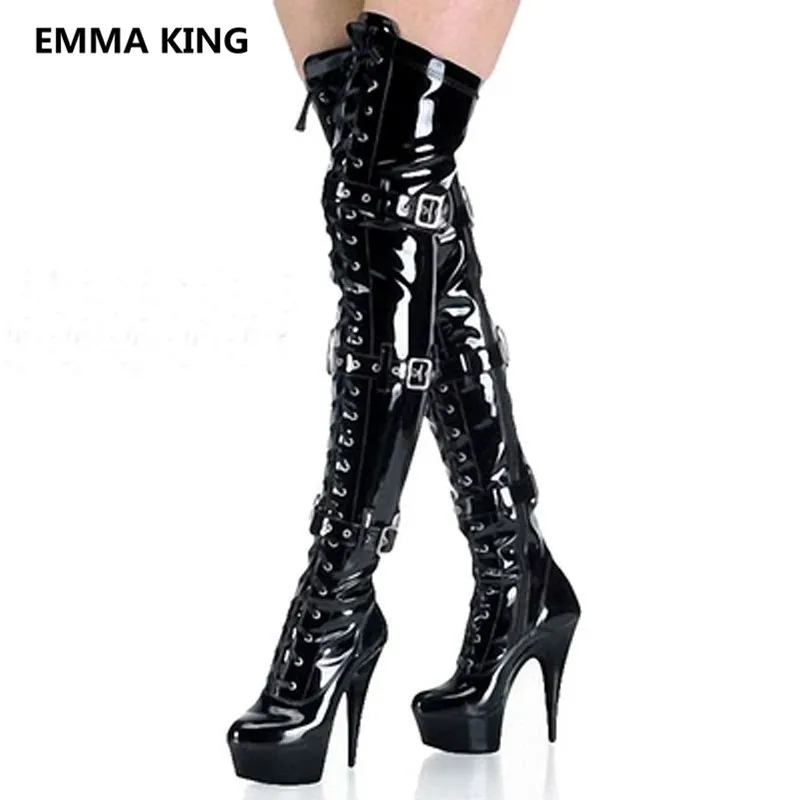 

Punk Style Black Over The Knee Knight Boots Women Platform Gothic Shoes Sexy Cross-Tied 15cm Thin High Heels Ladies Long Boots