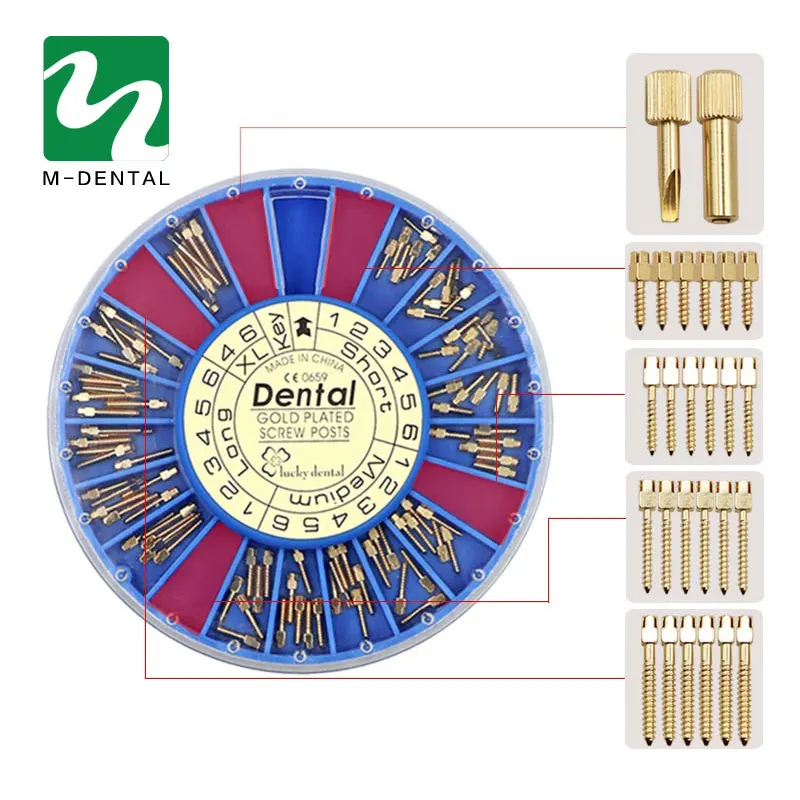 

120pcs/box Dentist Conical Screw Posts Kits Conical Nordin Dental Material Gold Plated Tapered Refills Files With 2 Key