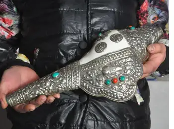 

Decorative Handmade Nepal Tibetan Old silver Nepal Tibetan buddhism Auspicious Symbol Conch Shell Trumpet Statue Sculpture