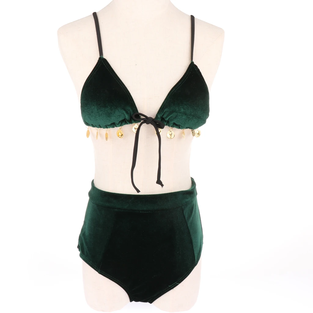 Velvet Two Piece Swimsuit Push up Bikini Set Green Bathing Suit Padded Summer Beachwear for Women Ladies