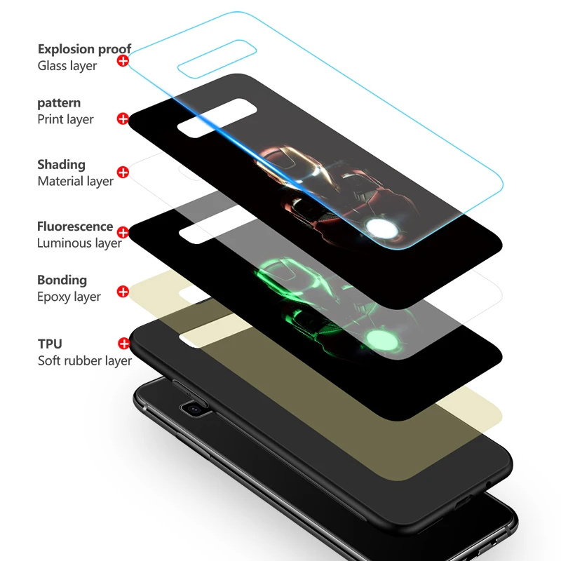 Marvel Мстители роскошный светящийся чехол из закаленного стекла для телефона Железный человек Силиконовый чехол для samsung Galaxy s8 s9 s10 Plus 8 9 note