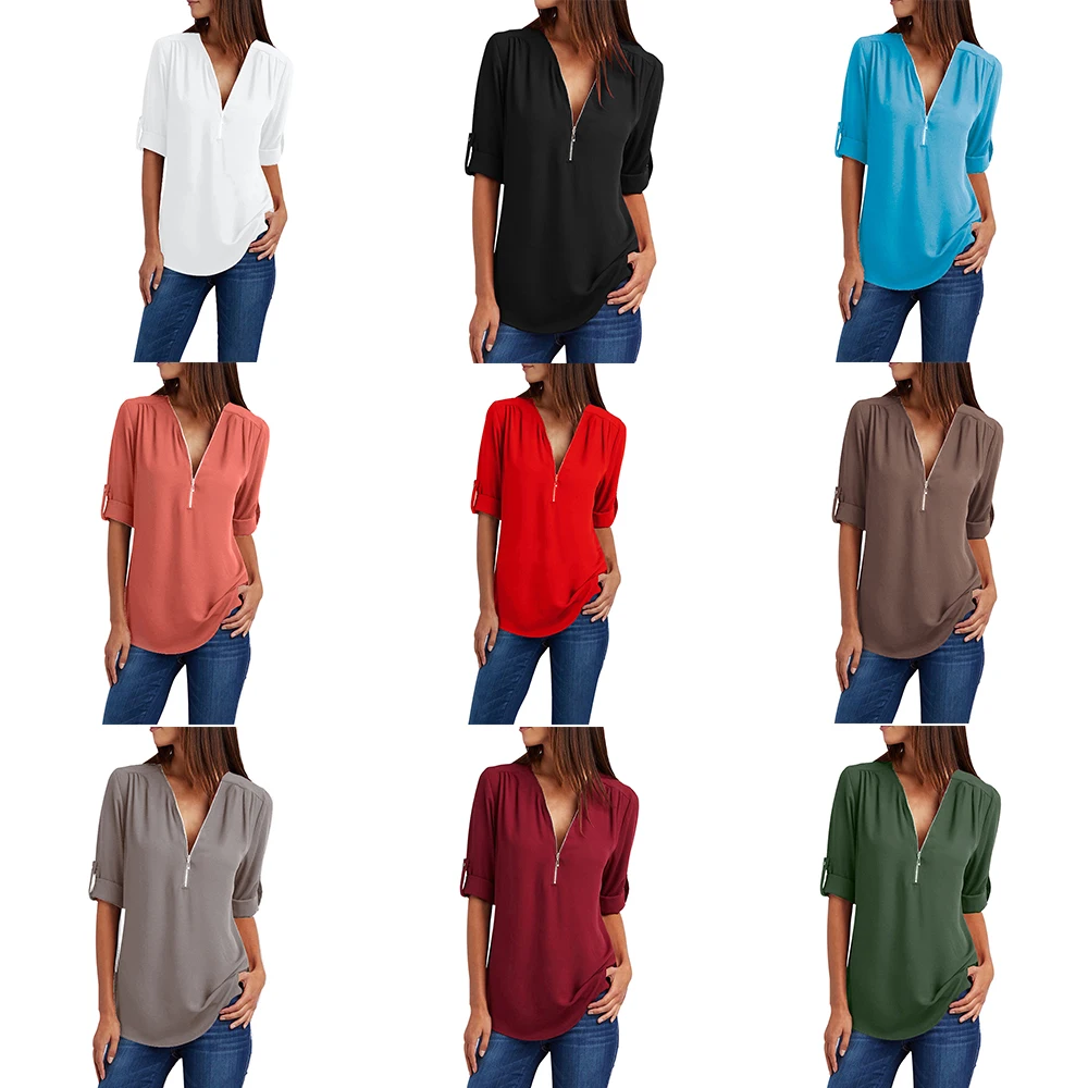 

Yming Front Zipper Chiffon Blouse Women V-Neck Office Casual Female Ladies Tops Long Sleeve Blusas Shirts Vintage White Tunic