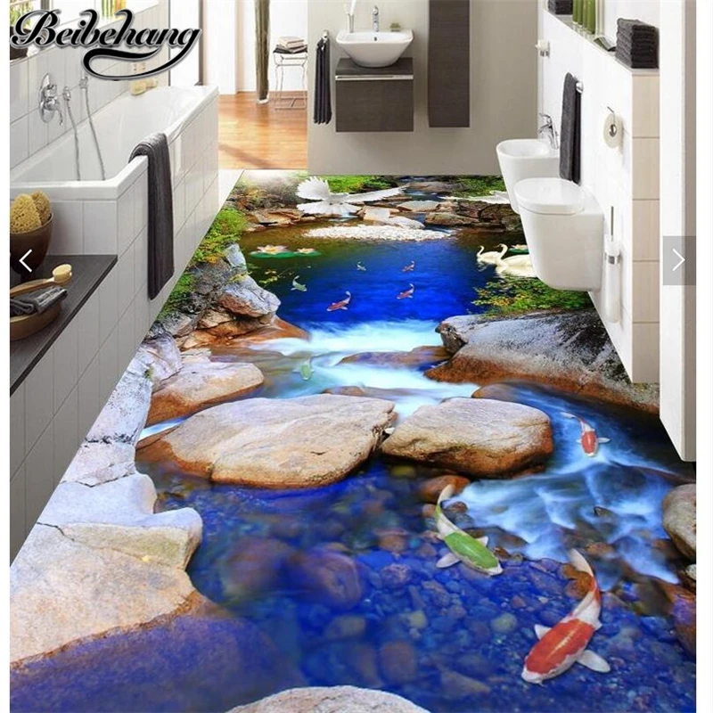 

beibehang Custom 3d self-adhesive floor painting spectacular natural water production nine fish figure home decoration 3D floor