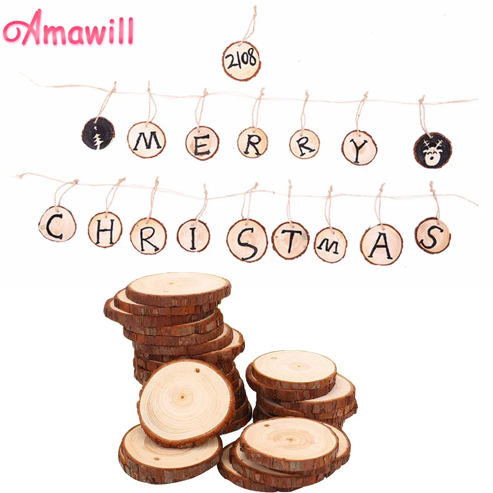 

Amawill 10pcs/lot Natural Wood Christmas Ornaments Round Shaped Wooden Pendants Christmas Decorations For Home 2019 New Year 8D