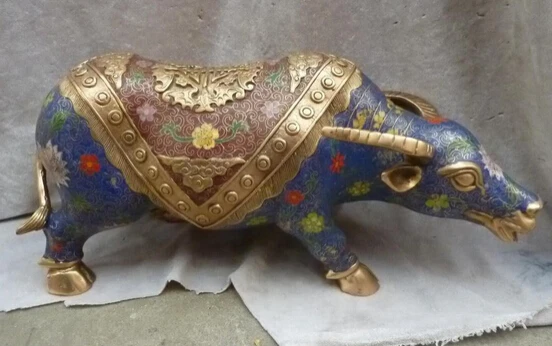 

004709 9"China Purple Bronze 24K Gold Cloisonne carved eximous lifelike Lucky Ox Statue