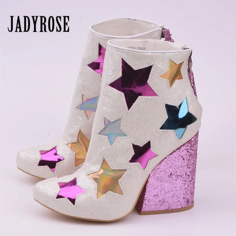 

Jady Rose Sequined Glitter Women Ankle Boots Star Embroidery Chunky High Heel Boots Fringed Back Zip Botas Mujer Wedge Shoes