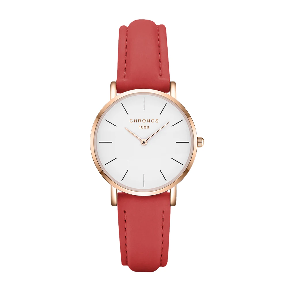 

CHRONOS Women Stylish Simple Ultra Thin Watch Causal Quartz Analog Dress wristwatches without Second Hand Ladies Red Clock