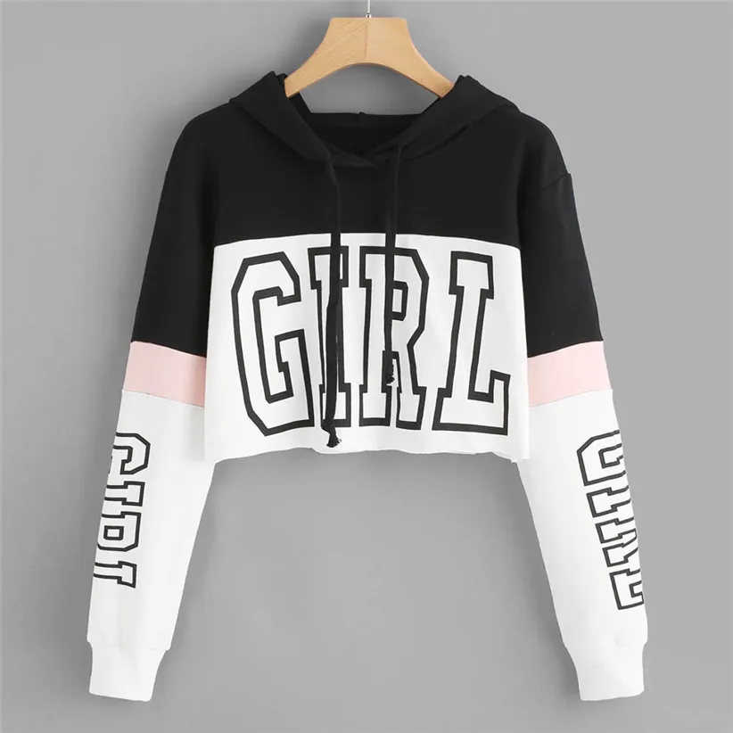 Женский укороченный свитер с принтом для девочек, пуловер с капюшоном, блузка для женщин и девочек, уличная одежда кроп-топ, весенне-осенняя рубашка 90117