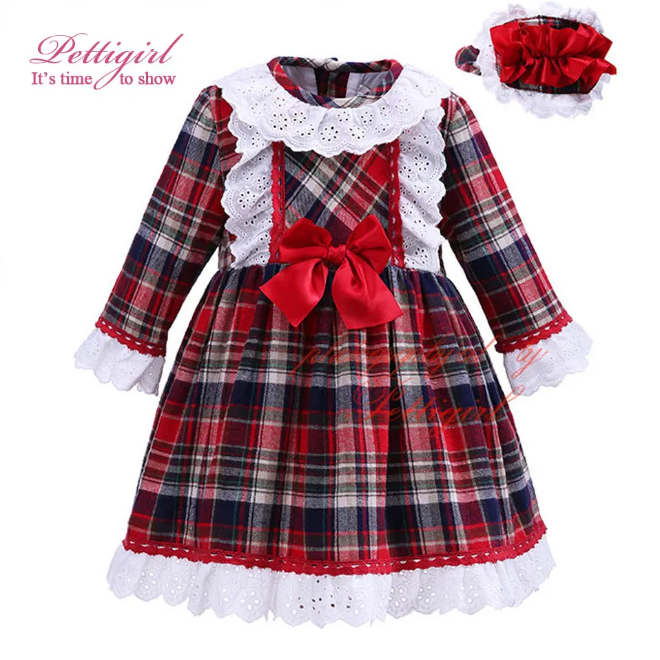 Pettigirl 2017New Autumn Girl Grid Dress England Style Plaid Long Sleeve Brief Lace Bowknot Casual Children