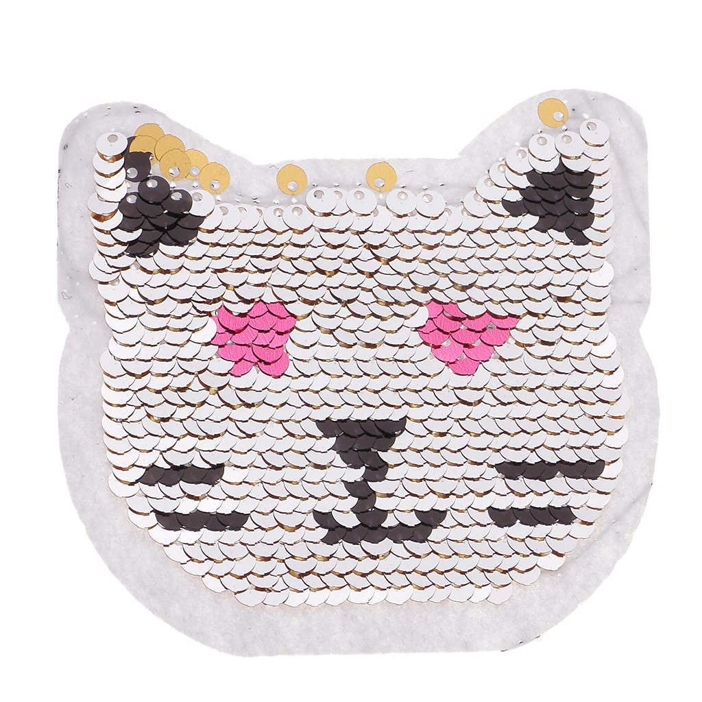 Catoon Cat Reversible Patch Embroidered Iron on Sew on Applique Glitter Sequin for Jeans T-shirts Clothing