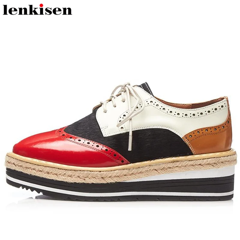 

Lenkisen handmade square toe lace up cow leather fur retro brand med heel preppy style wedges mixed colors vulcanized shoes L3fc