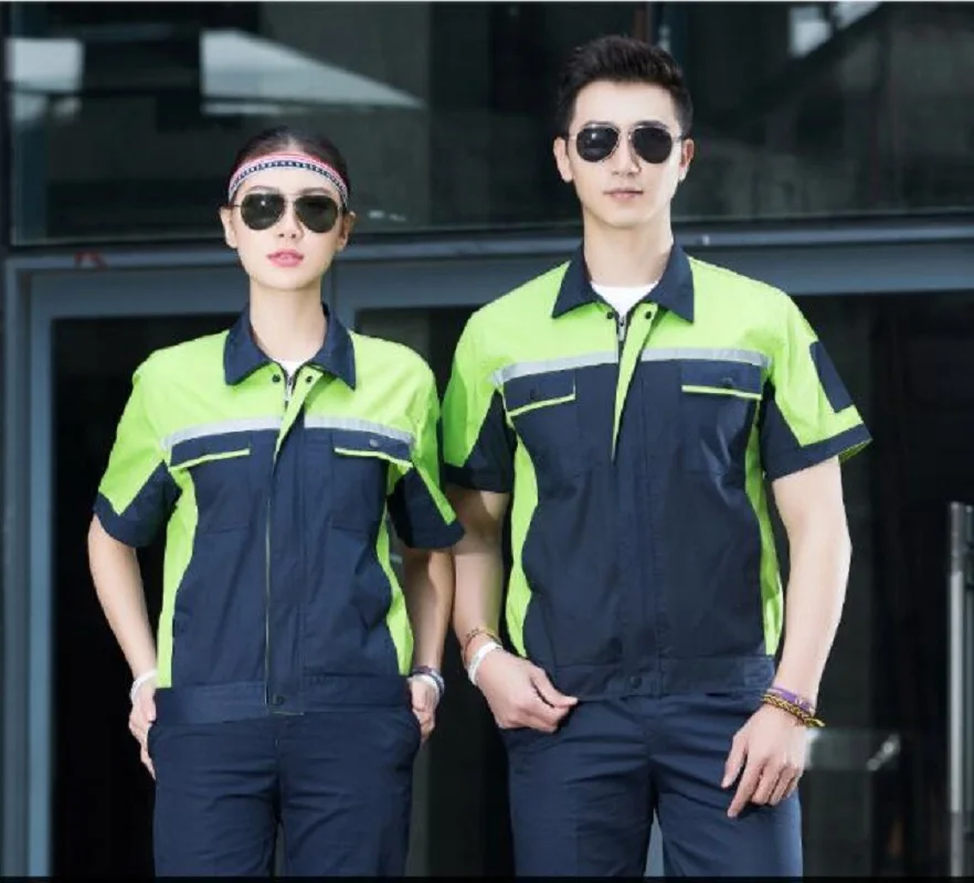 Summer short Sleeve Factory uniform Sets Contrast Color match Protective cloths Labour Wear Auto Repair man work Cloth Top Pants