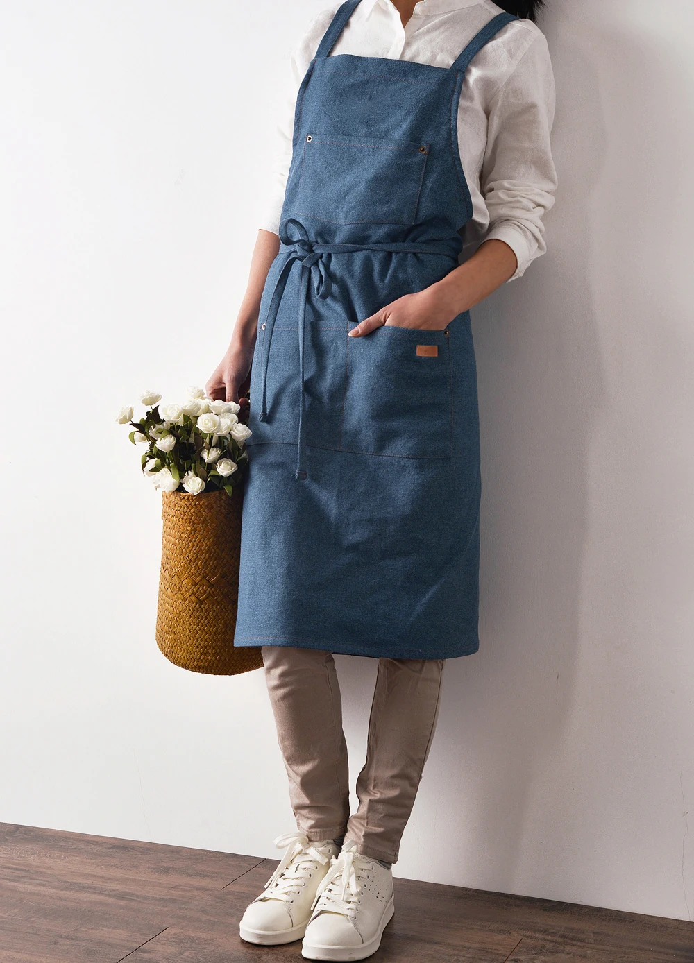 Japanese Style Solid Color Cotton Hemp Unisex Apron Coffee Shops Work