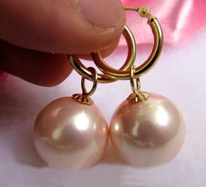

HUGE 16MM AAA+PINK perfect ROUND SOUTH SEA SHELL PEARL EARRING 14 r