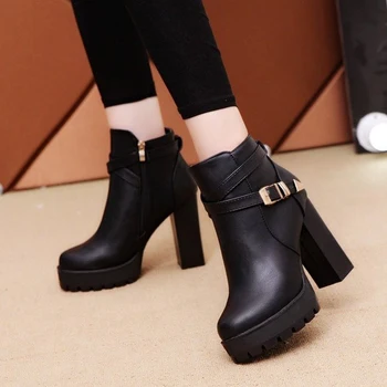

Aleafalling Women Boots Mature Lady Zip Soft Leather Buckle Lady Shoes Platform Black Solid Outdoor Girl's Party Shoes AWBT209