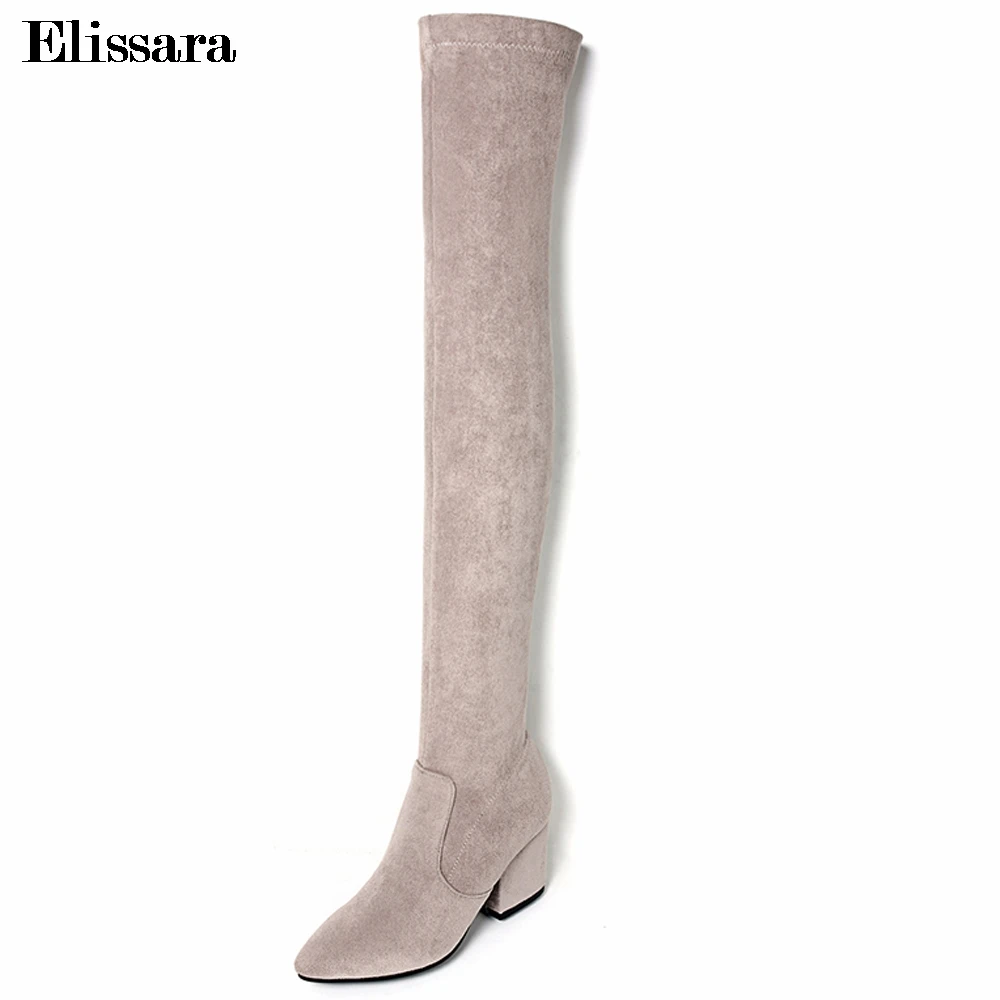 Elissara Women Snow Boots Women High Heel Over The Knee Boots Fashion Ladies Thigh High Knight Side Zip Stretchy Long Boots