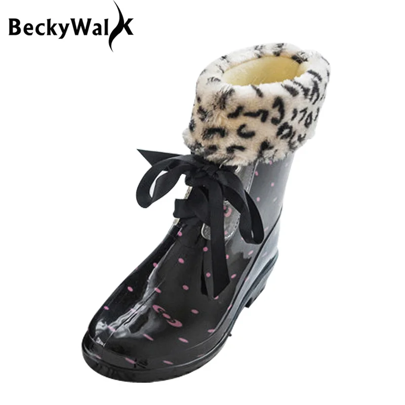 

Free Shipping Floral Print Women Rain Boots Warm Snow Boots with Fur Bow Lace Up Women Water Shoes Rainboots Garden Boots