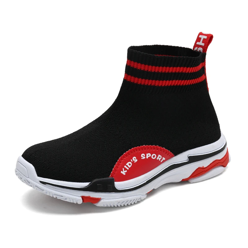 

2018 New Style Contrast Color Flywire Kids Sneakers High Top Sock Shoes for Children Boys Girls Sport Shoes Slip On Breathable