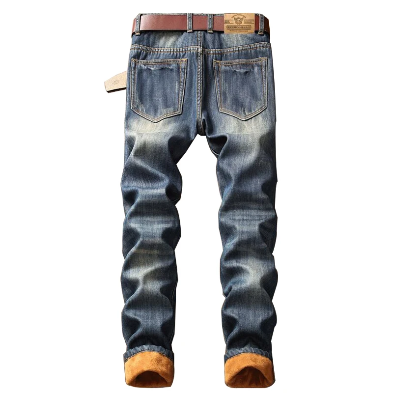 Men's Winter Warm Jeans Pants Fleece Lined Destroyed Ripped Jeans Denim Distressed Biker Jeans Streetwear Men Hip Hop