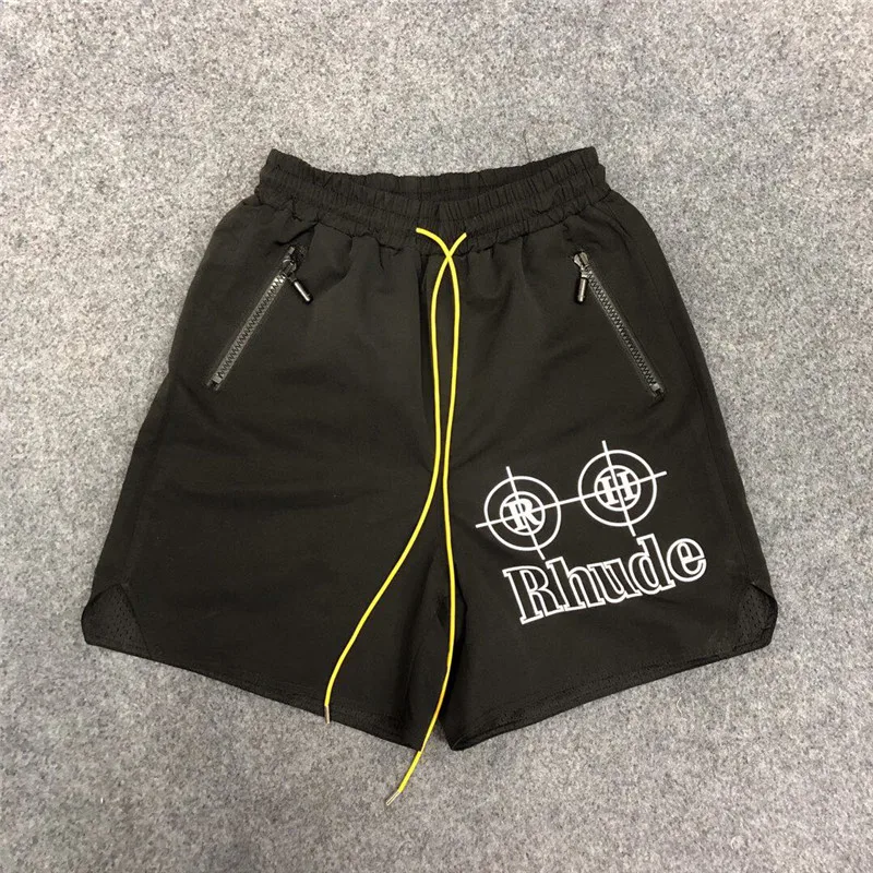 70% OFF 2019 RHUDE Neon Target Shorts Summer Loose NYLON Men Hip Hop Wade RHUDE Shorts Drawstring zipper Green White Print Mesh Trousers