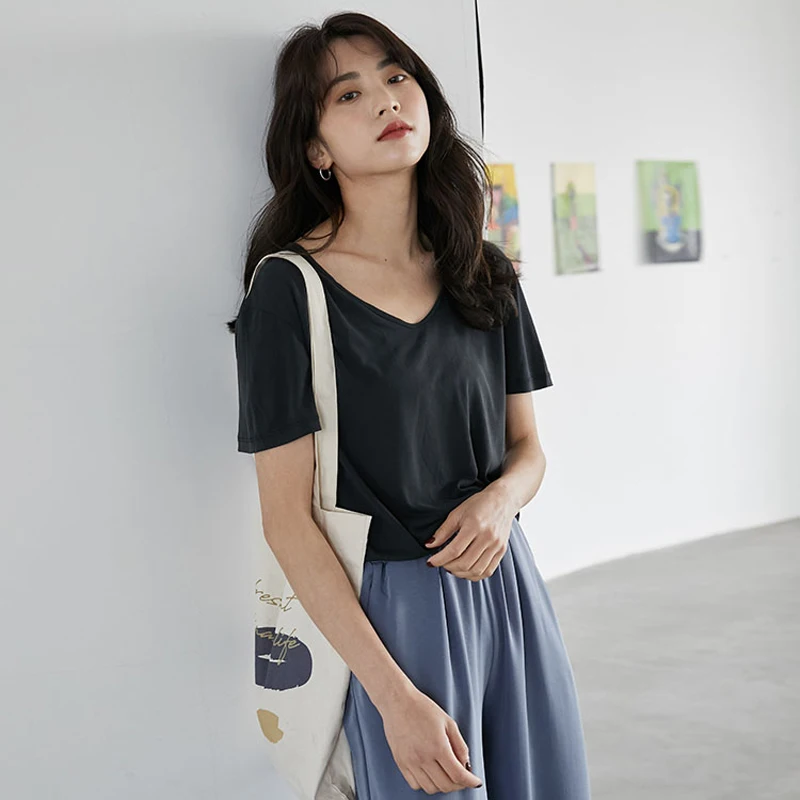 

2019 New Women Basic T Shirt Korean Chic V-Neck Short Sleeve Loose Tshirt Women's Summer Casual All-match Tops