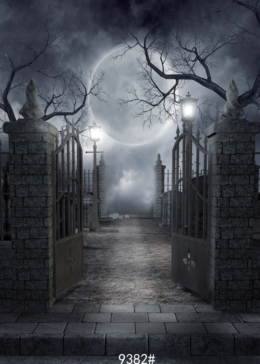 2017 ハロウィン写真の背景ムーン夜間外の道路ゲート背景ハロウィン好きスタジオ写真 vinyle 背景 5X7FT