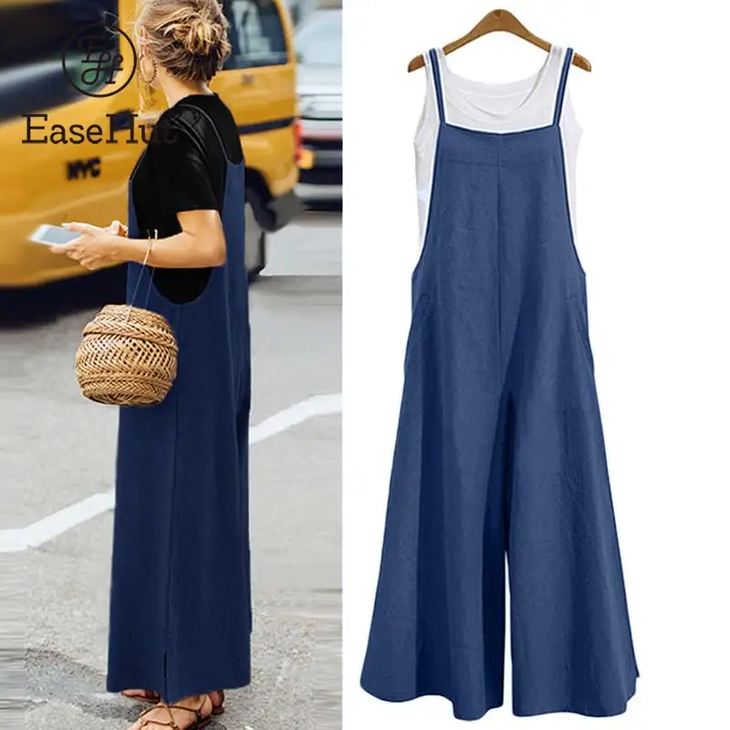 EaseHut Plus Size S-3XL Women Cotton Linen Pocket Long Wide Leg Romper Strappy Dungaree Bib Overalls Casual Loose Solid Jumpsuit