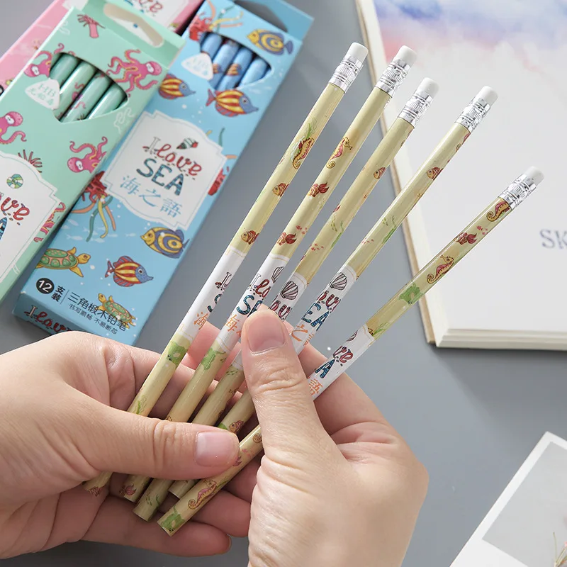 

12 PCS Pencil Wood Pencils Set Animal Print Pencils for Kids school office writing kids Lead Sketch pencils with erasers