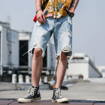

Fashion Tattered Cowboy Hole Pants European and American Street Style New Mens Denim Shorts Casual Knee Length Short