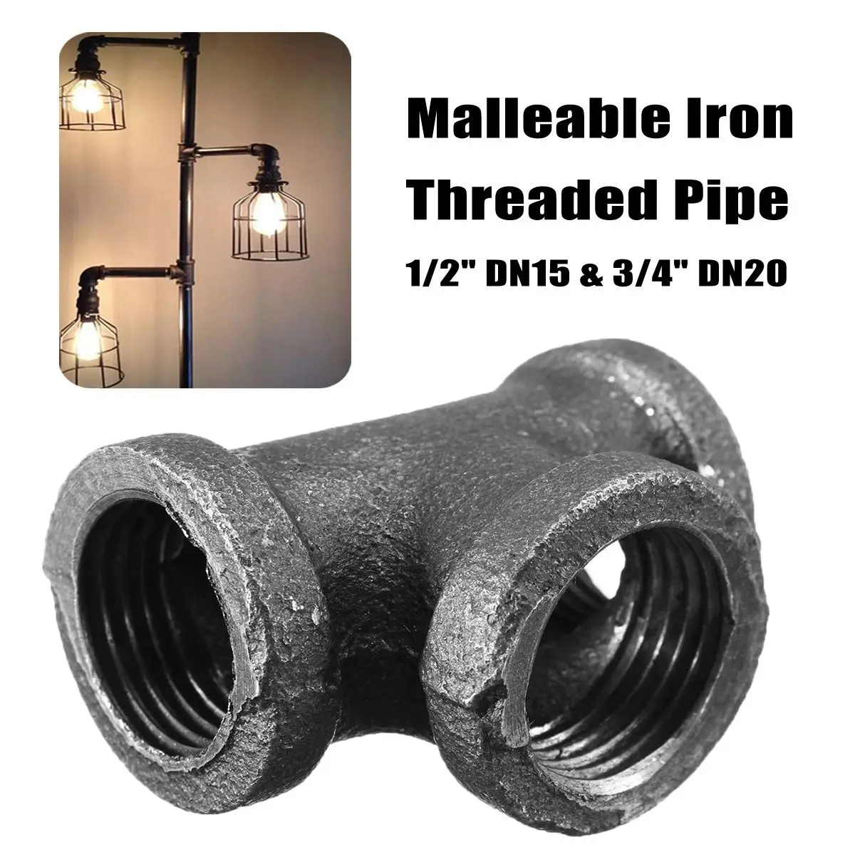 

New Malleable Iron Threaded Pipe For DIY Flange Fittings Bracket DN15/ DN20 High Quality Black Tee Pipe Fitting
