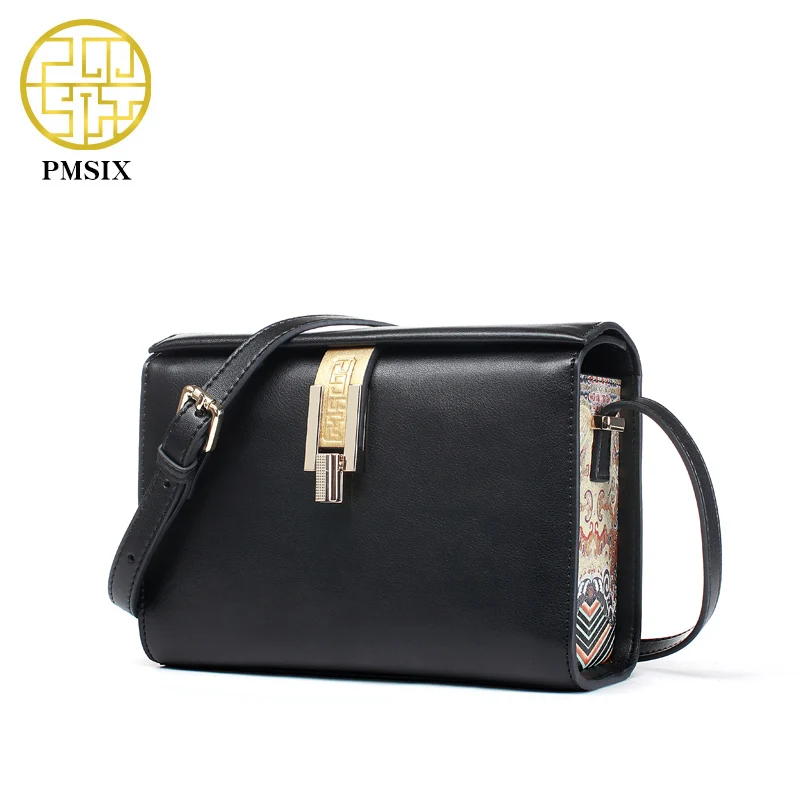 

Pmsix 2017 Spring New Shoulder Bag Retro Black Printing Lock Catch Ladies Bag Split Leather Designer Crossbody Bag P220047