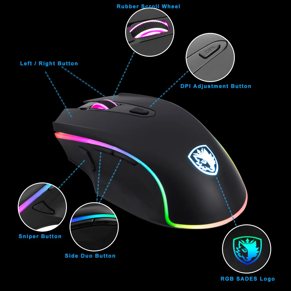 SADES Scythe S17 игровая мышь проводная USB 3000 точек/дюйм 7 программируемых кнопок 11 RGB
