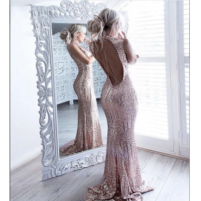 Sweep Train Vestidos Prom 2019 Sexy Backless Sequin Party Gala Dress TVdaily Mermaid Prom Dress