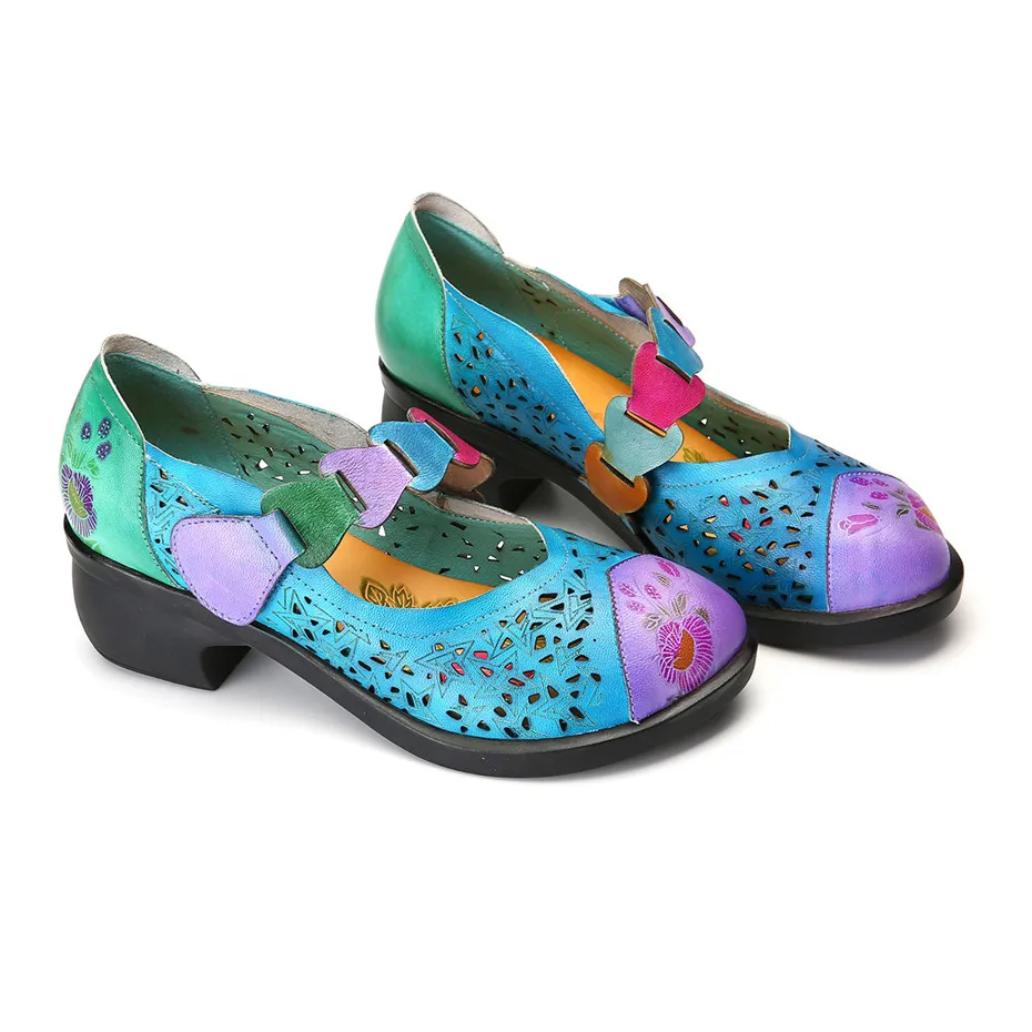 Retro Handmade Pumps Women Shoes 2019 Summer Genuine Leather Lady Shoes Mixed Colors Mid Heel Mary Jane Shoes Woman Plus Size 42 (11)
