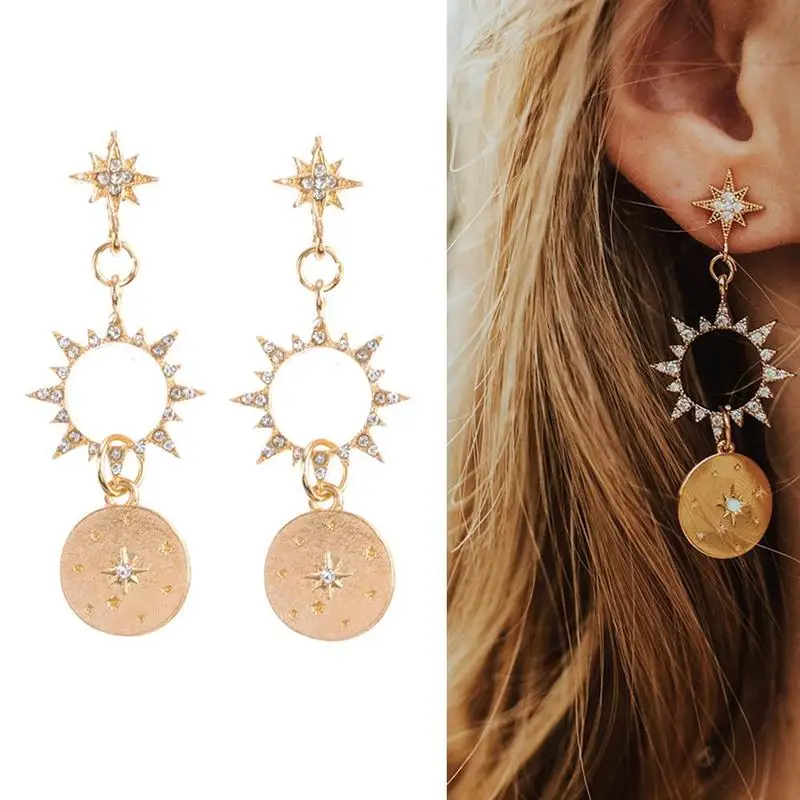 

2019 Crystal Sun Earrings for Women Gold Long Drop Earrings Pendants Boho Ear Studs Summer Lady Ear Jewelry Korean Style