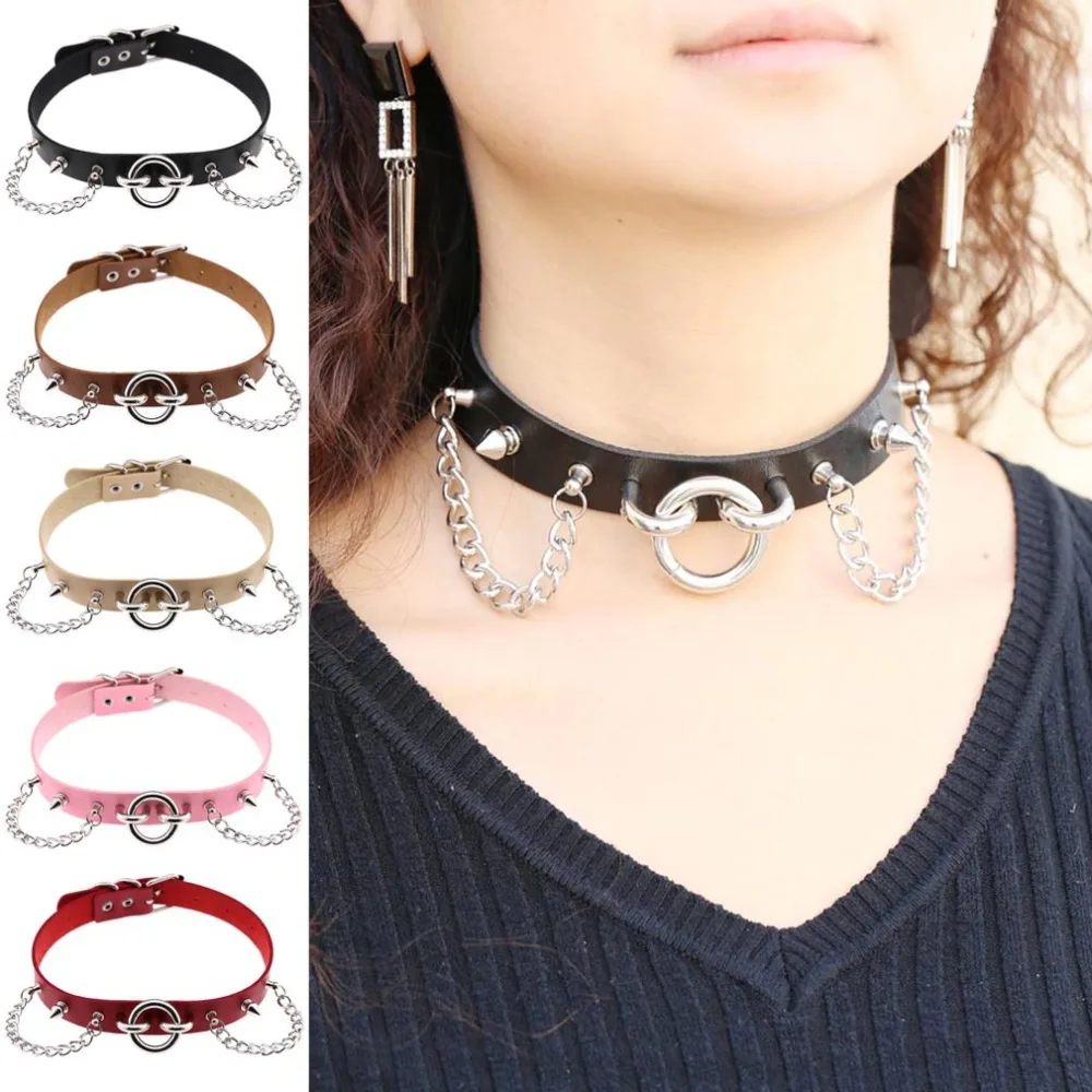 

Spike Rivets O Round Metal Silver Leather Collar Bondage Goth Chokers Women Gothic Necklace Faux Leather Chain Anime Necklaces