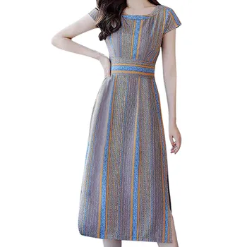 

KLV 2019 summer dress Womens latest fashion платье Stripe Printing Fork Opening Short Sleeve O-Neck Knee Dress free shipping D4