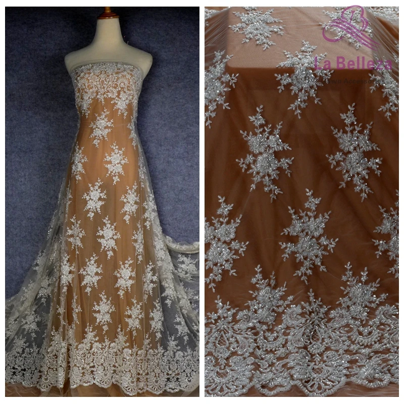 La Belleza 1 ярд бежевый бисером кружевной ткани, модное платье кружевной ткани 4" Ширина