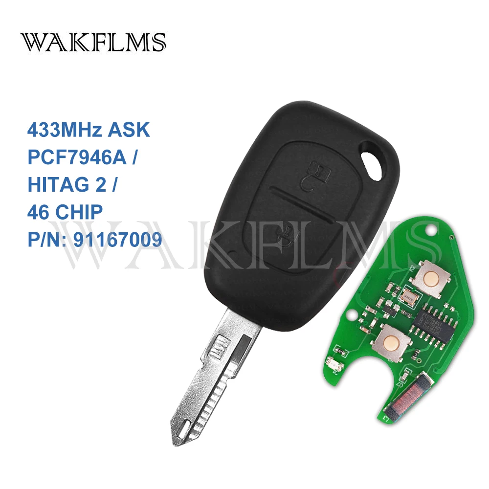 

2 buttons Remote Key for Renault Vauxhall Nissan Kangoo Movano Traffic Primastar 2003 2004 2011 with PCF7946 Chip 433MHZ No Mark